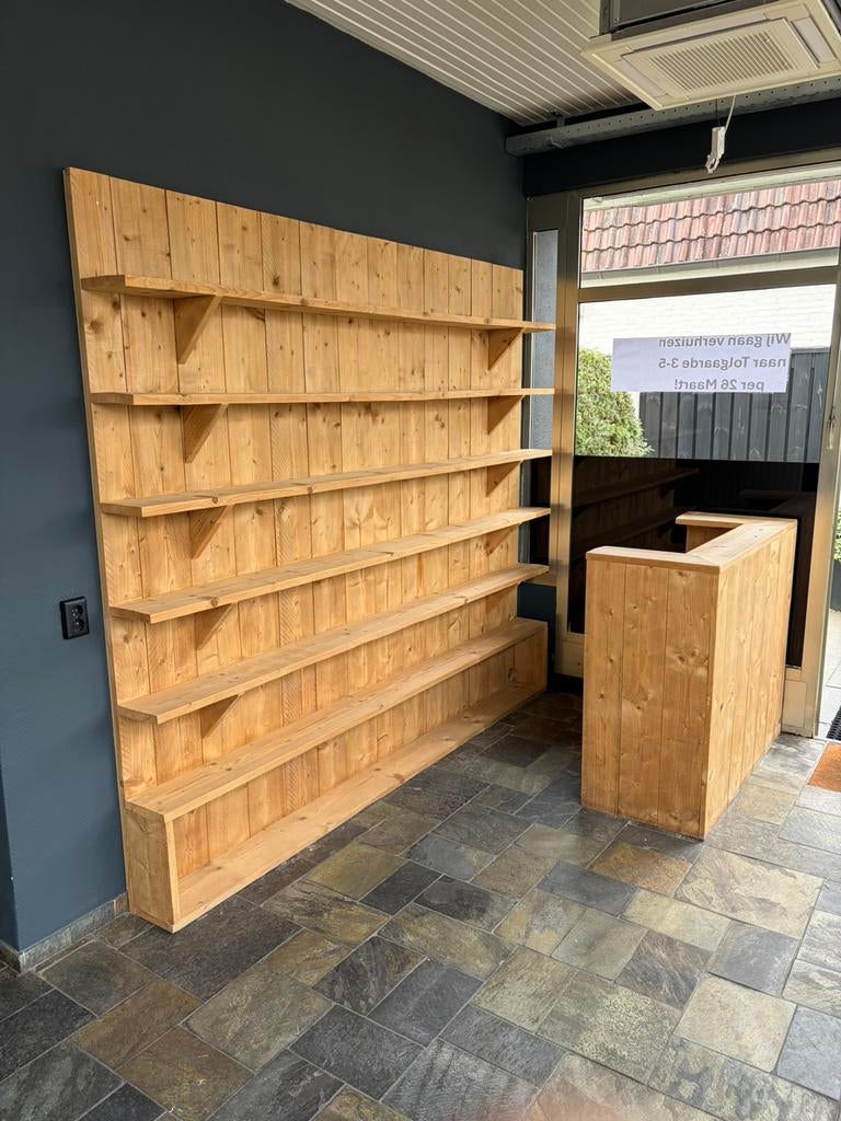 Moet vandaag weg! Mooie steigehouten balie met productenkast, Ophalen of Verzenden, Zo goed als nieuw