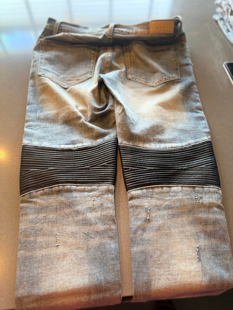 MNML Biker Jeans met Leren Contouren, Ophalen of Verzenden, Zo goed als nieuw, Blauw, W33 - W34 (confectie 48/50)