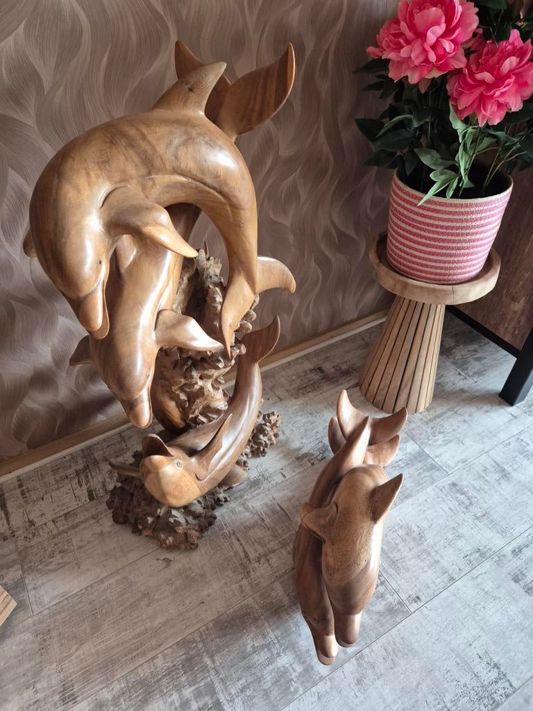 Prachtige handgesneden houten dolfijnen sculpturen, Ophalen of Verzenden