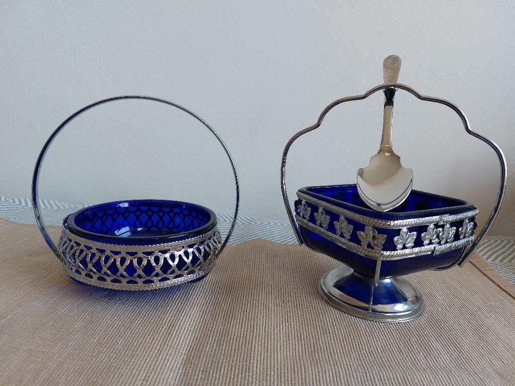 Set suiker / jam schaal, bonbons kobaltblauw glas, Antiek en Kunst, Ophalen
