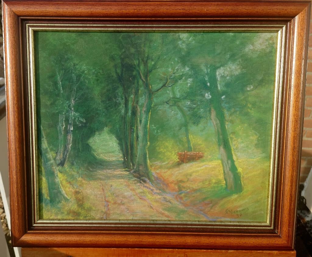 Henri Meuwis (1870-1935 )Zonnig bospad, 1932 pastel, Ophalen of Verzenden