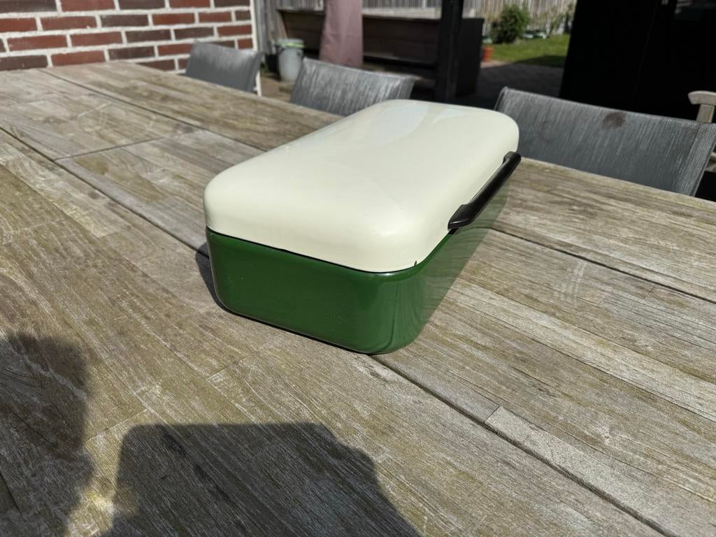 Vintage emaille broodtrommel groen/crème, Ophalen