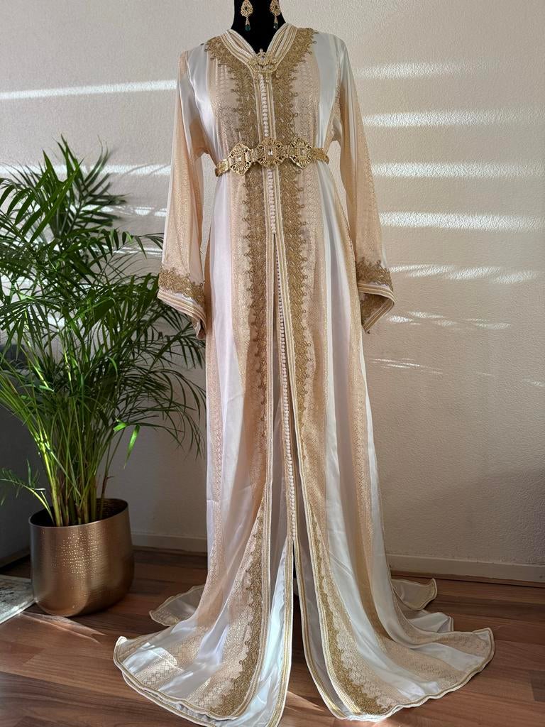 Nieuwe takshita kaftan marokaanse jurk jawhara stof, Ophalen of Verzenden, Nieuw, Maat 38/40 (M), Wit