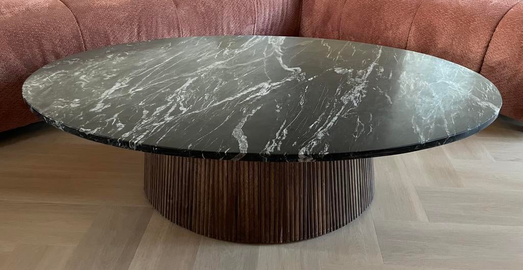 Marmeren en mangohout salontafel, Ophalen, 100 tot 150 cm, Rond, 50 tot 100 cm