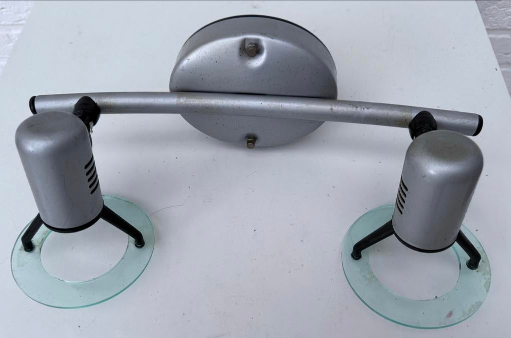 Grijze plafondlamp met 2 spotjes - E14 fitting💡, Ophalen, Gebruikt, Metaal
