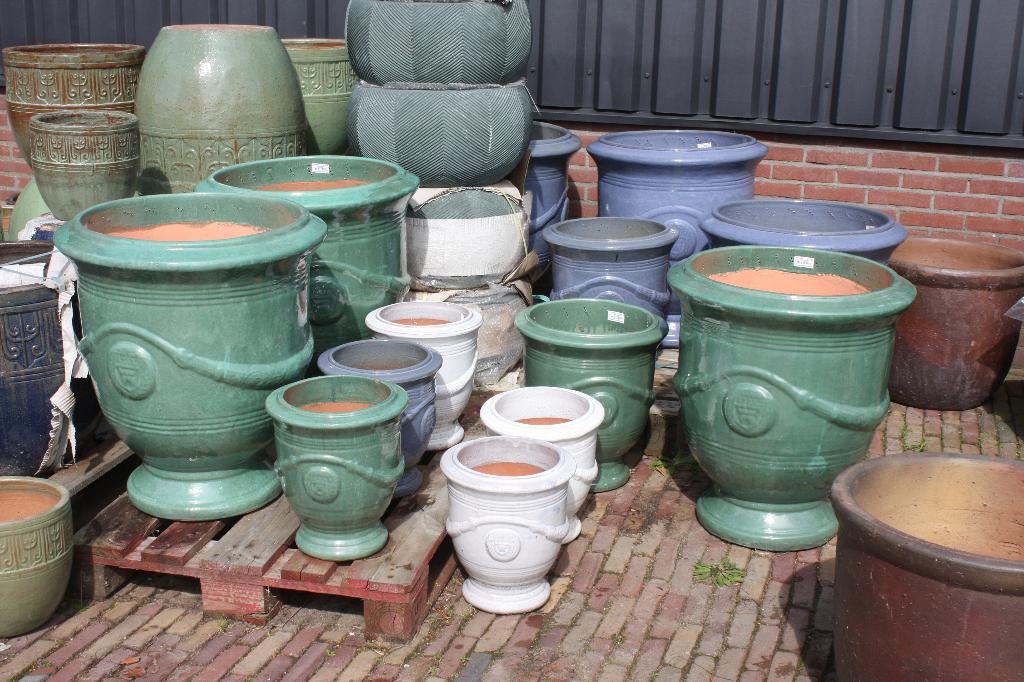 Prachtige geglazuurde bloempotten Anduze stijl groen Celadon, Ophalen, 40 cm of meer, Rond, Nieuw