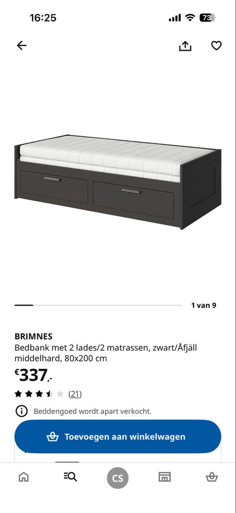IKEA Brimnes Bedbank met lattenbodem, 80x200 cm, zwart, Ophalen, Eenpersoons, Zwart, Zo goed als nieuw