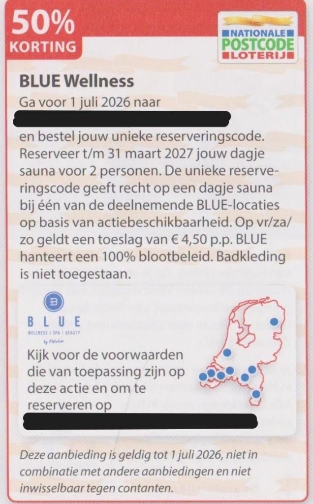 Dagje BLUE Welness. 50% korting. Postcodeloterij kortingsbon, Tickets en Kaartjes, Kortingen en Cadeaubonnen, Drie personen of meer