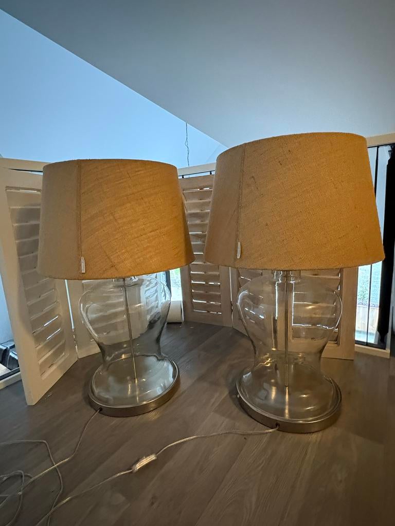 2 Riviera Maison Lampenvoeten + Kappen, Huis en Inrichting, Lampen | Tafellampen, Zo goed als nieuw, Minder dan 50 cm, Glas, Ophalen