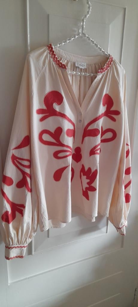 Cotton Club prachtige ecru met koraal/ brique kaftanblouse, Overige kleuren, Verzenden, Maat 46/48 (XL) of groter, Zo goed als nieuw