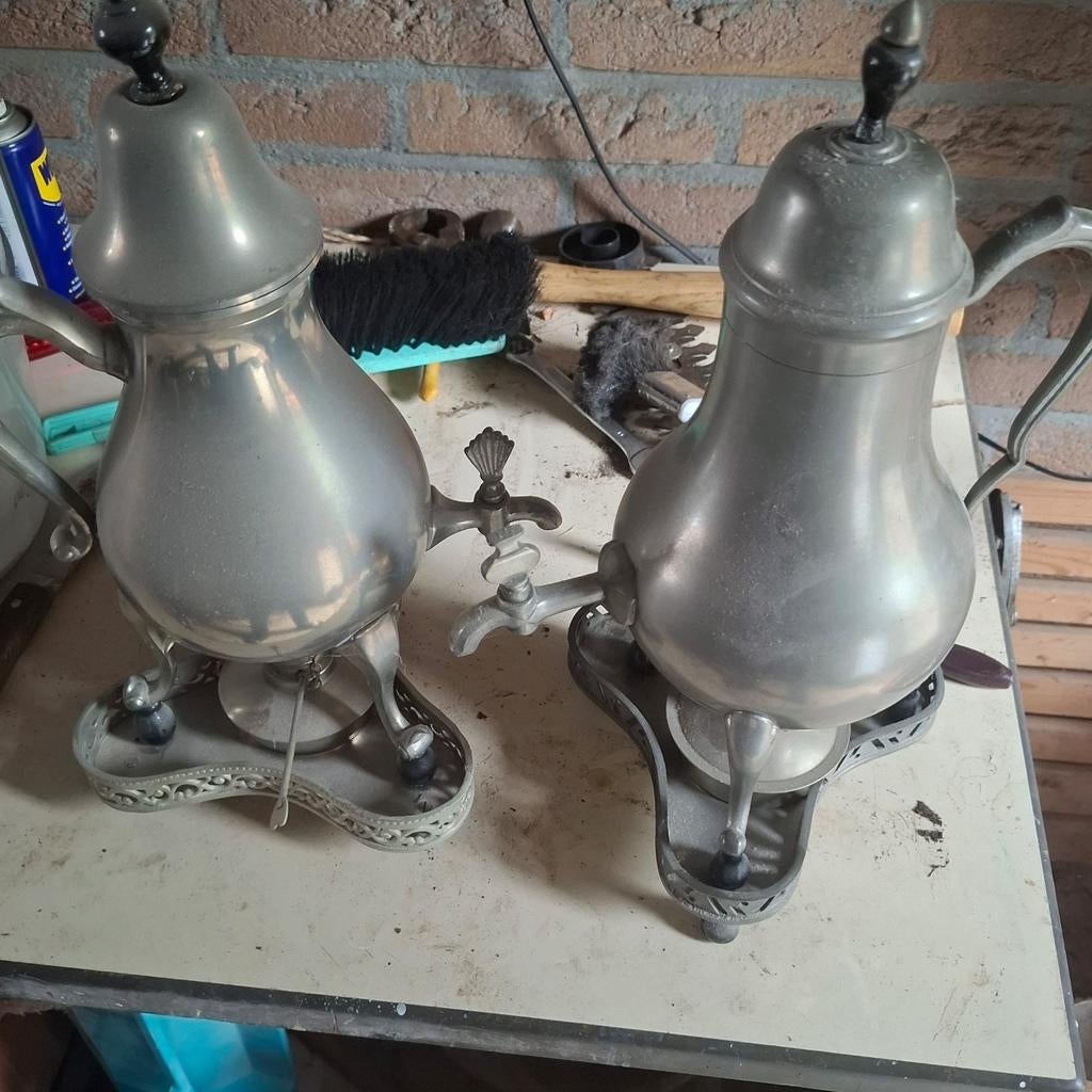 Antieke tinnen koffie/thee urnen met kraan, set van 2, Antiek en Kunst, Antiek | Tin, Ophalen of Verzenden