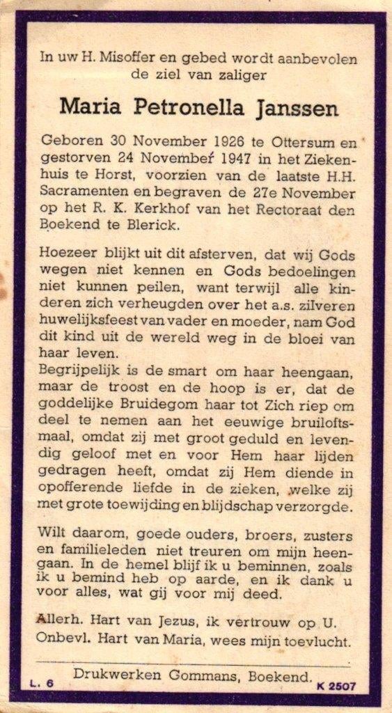 Janssen Maria Petronella Ottersum 1926-1947 Blerick, Ophalen of Verzenden