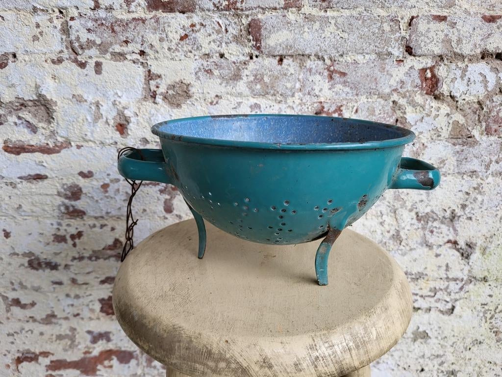 Oud frans brocante emaille blauw / groen vergiet/allegonda, Antiek en Kunst, Antiek | Emaille, Ophalen of Verzenden