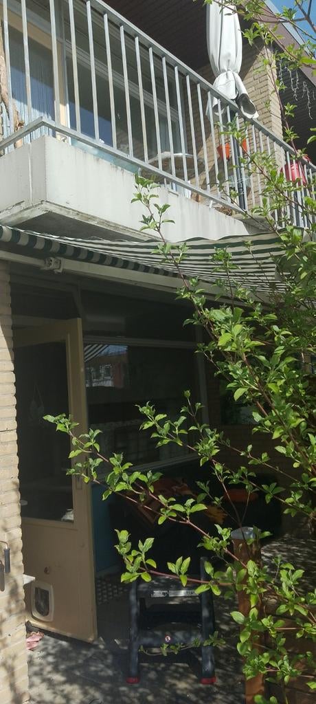 Zonnescherm handmatig groen wit gestreept 390x200cm, Ophalen, Gebruikt, Knikarmscherm