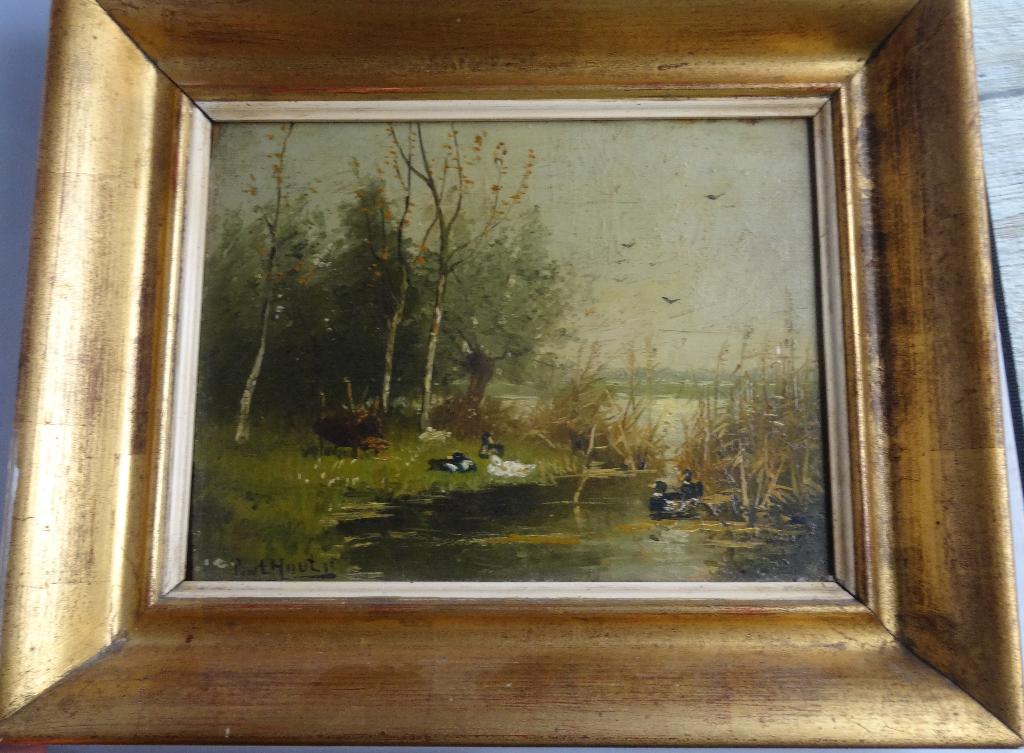 EENDENFAMILIE * OLIEVERF OP PANEEL * In Lijst *, Antiek en Kunst, Ophalen of Verzenden