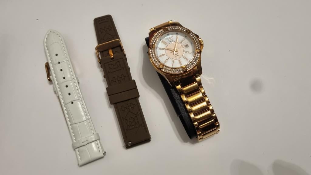 Gouden Aviator dameshorloge met extra bandjes, Sieraden, Tassen en Uiterlijk, Horloges | Dames, Ophalen of Verzenden