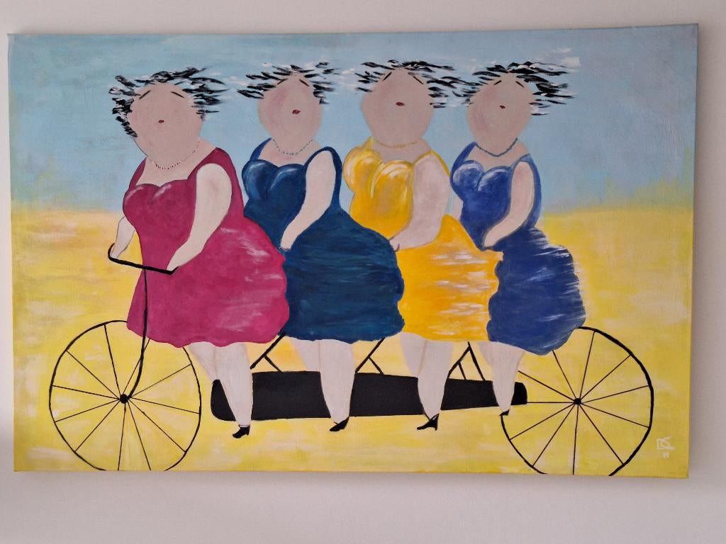 Schilderij Dames op fiets, Ophalen, Zo goed als nieuw, Schilderij, 100 tot 125 cm