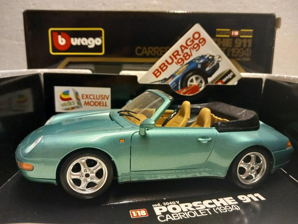 Porsche 911 Carrera cabriolet metallic mintgroen Bburago KRD, Ophalen of Verzenden, Zo goed als nieuw, Auto, Bburago