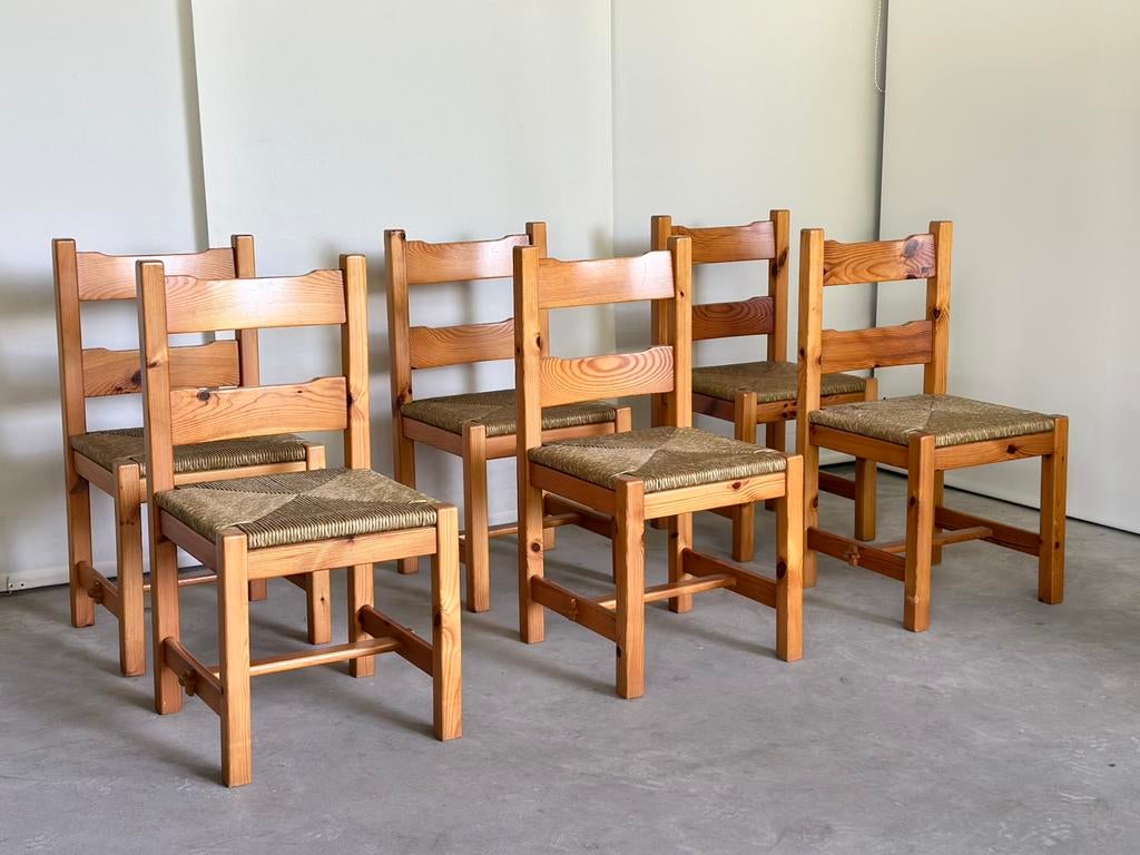 Vintage brutalist eetkamerstoelen (6), Ophalen, Zo goed als nieuw, Bruin, Hout