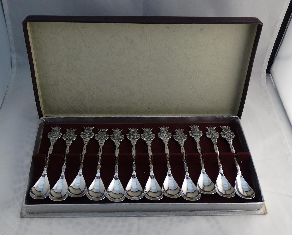 Antieke doos 12 verzilverde lepeltjes 11 Provincies / Arti, Ophalen of Verzenden