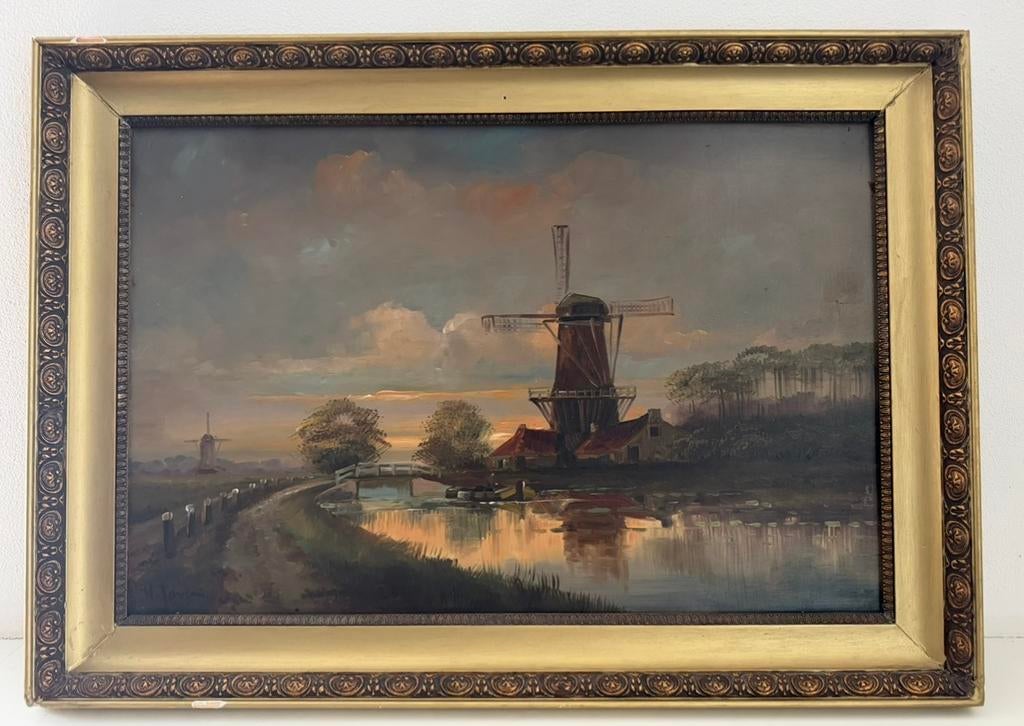 H. Janssen - Schilderij - Molen/boerderij/water/brug, Ophalen of Verzenden