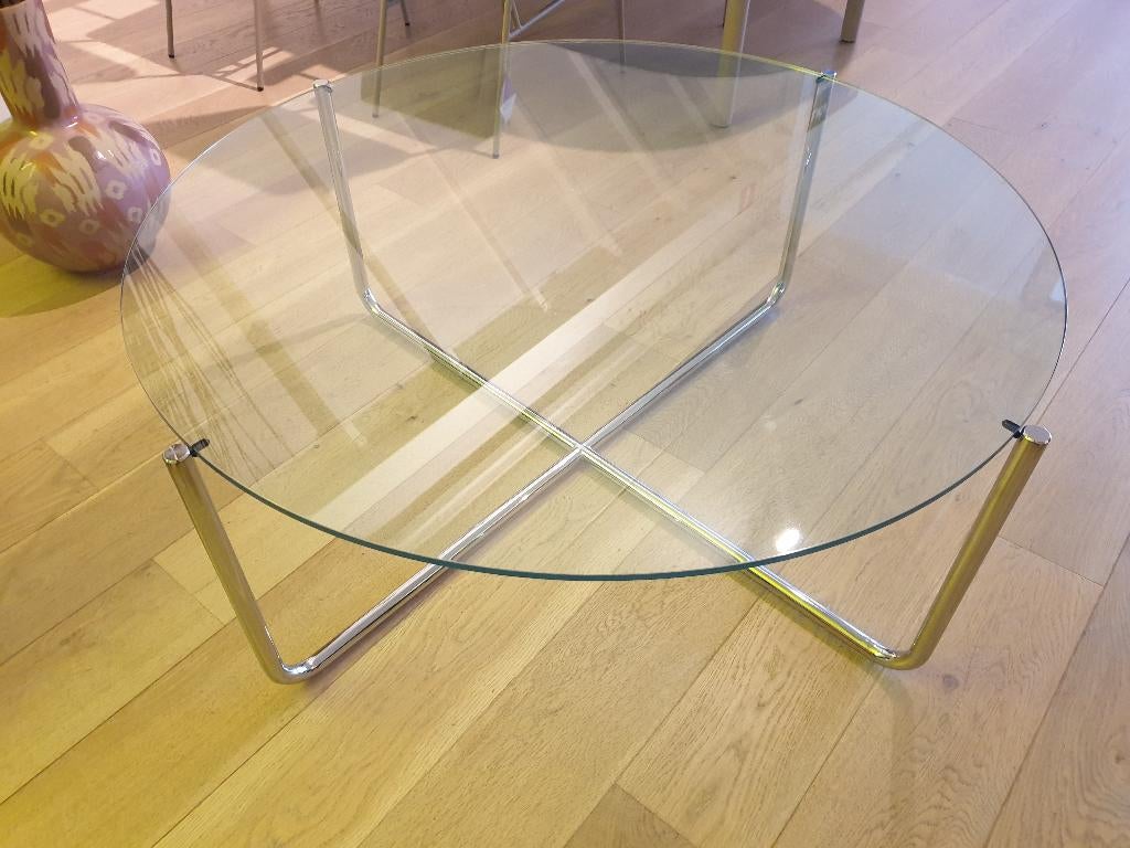 Salontafel Gispen 417 XL model 110cm doorsnede, Huis en Inrichting, Tafels | Salontafels, Ophalen, Rond, Zo goed als nieuw, Glas