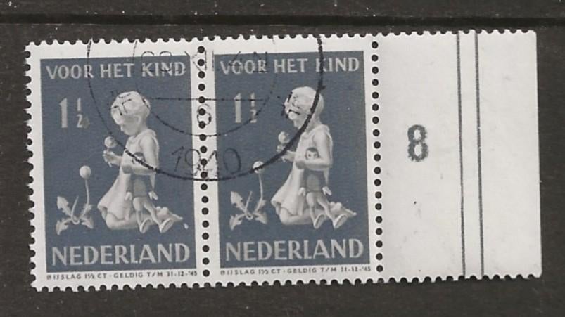 S- Ned. gest. 1940 nr.374 paartje Kinderzegels met tab, Ophalen of Verzenden, T/m 1940, Gestempeld