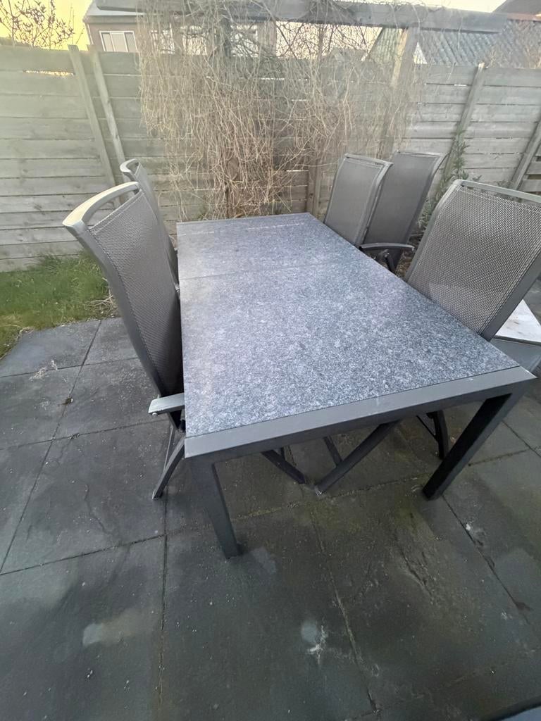 Tuinset met tafel met stenen blad en 5 stoelen, Ophalen, 5 zitplaatsen, Gebruikt, Eettafel