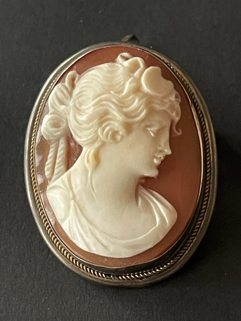 Schelp camee broche/kettinghanger, Gebruikt, Minder dan 4 cm, Oranje, Ophalen of Verzenden