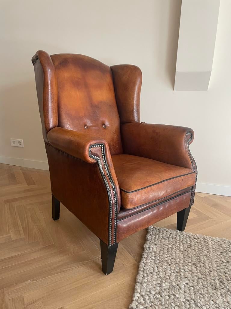 Schapenleren Oorfauteuil Cambridge - Bruin Leer, Ophalen, Gebruikt, Minder dan 75 cm, Leer