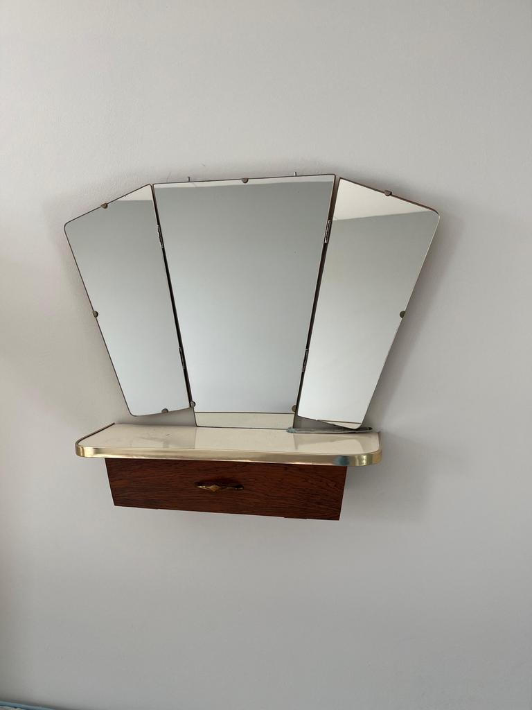 Vintage Teakhouten Drieluik Kapspiegel met Lade, Ophalen, Gebruikt, 50 tot 100 cm, Minder dan 100 cm