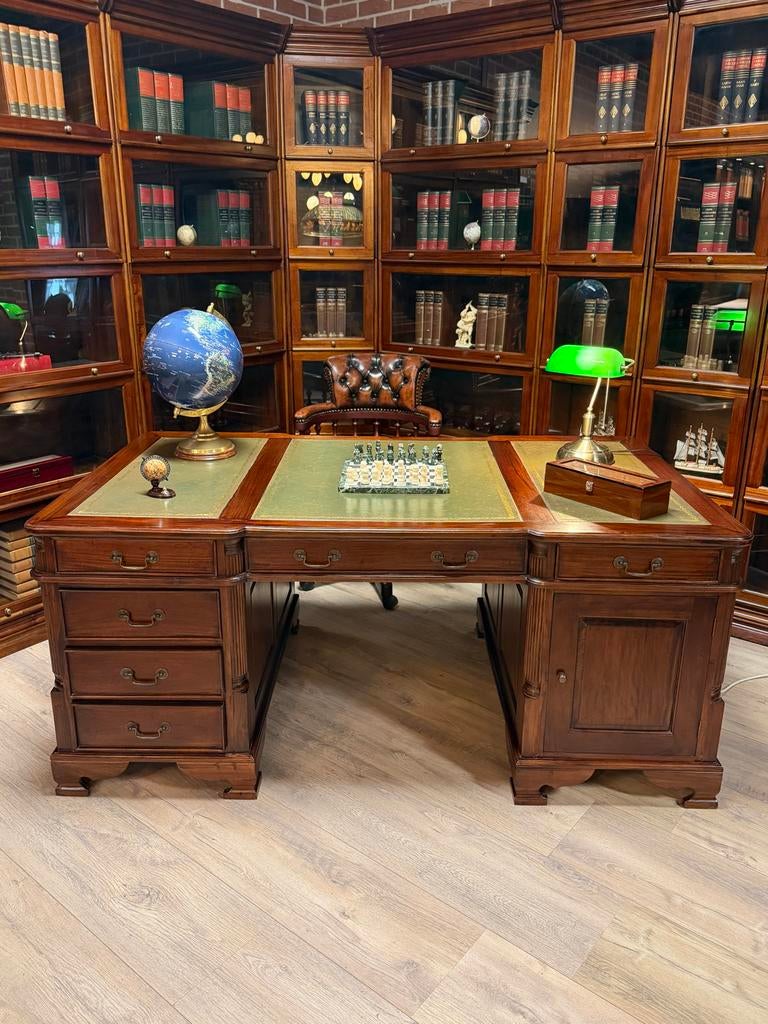 Engels Bureau Partner Desk Mahonie Groen Leer Goudbies 180x1, Ophalen