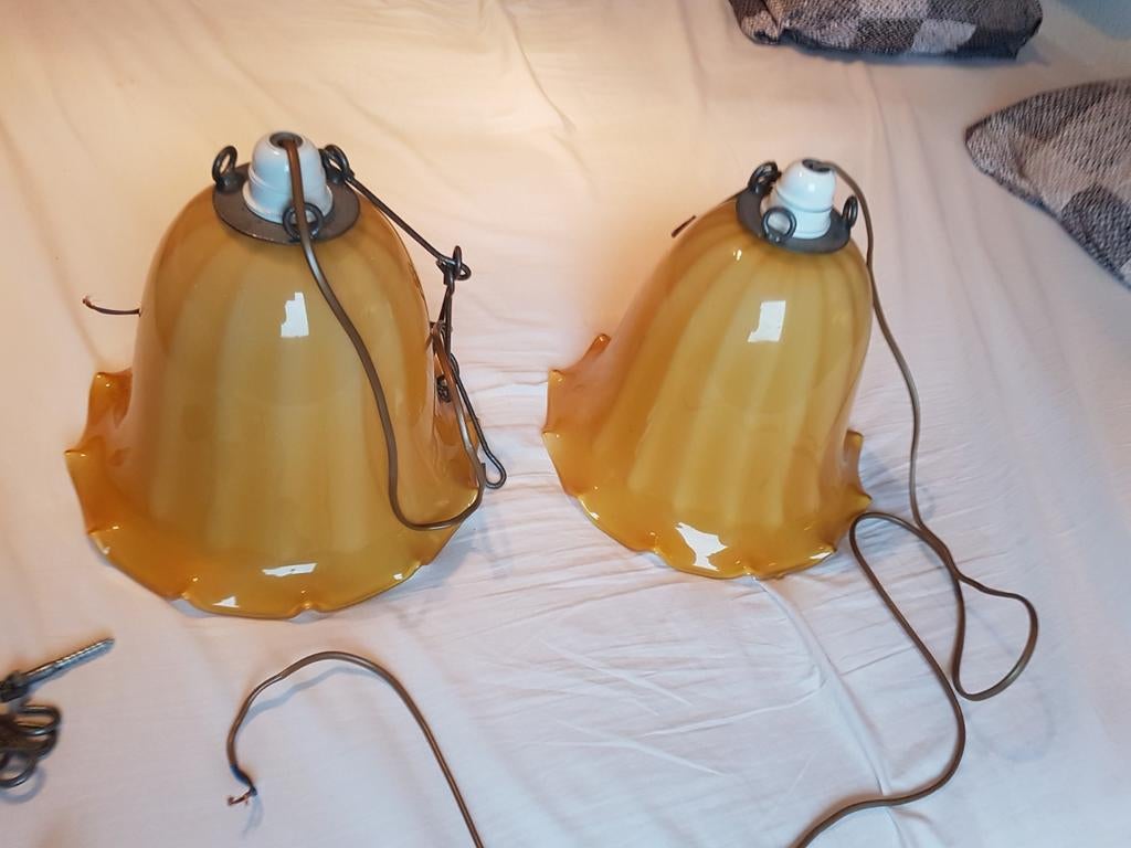 Vintage amber geel glazen lampen( 2 stuks), Huis en Inrichting, Lampen | Hanglampen, Ophalen, Minder dan 50 cm, Vintage jaren 50/60