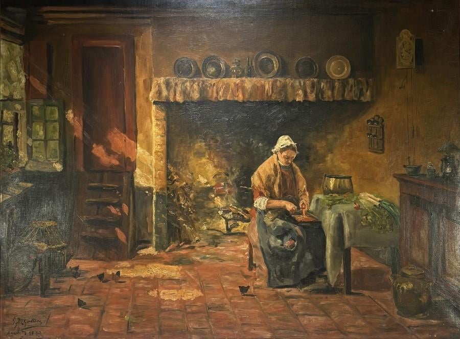 1263. Olieverfschilderij - keukeninterieur, 1899, Ophalen of Verzenden