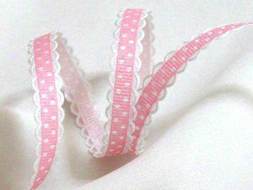 OPRUIMING ~ Lief roze polkadots band met wit kantje ~ 10 mm, Hobby en Vrije tijd, Naaien en Fournituren, Nieuw, Lint, Band of Elastiek