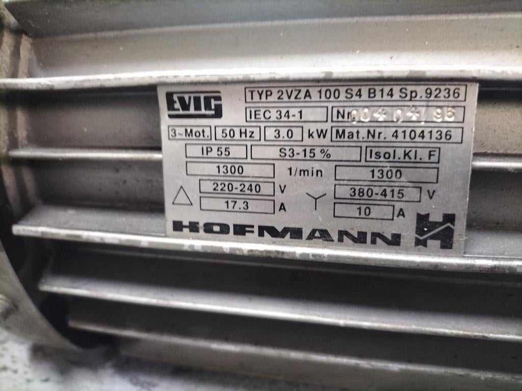 EVIG HOFMANN 3.0 kW Elektromotor - Type 2VZA 100 S4 B14, Ophalen of Verzenden, Gebruikt, Elektromotor, Minder dan 1400 rpm
