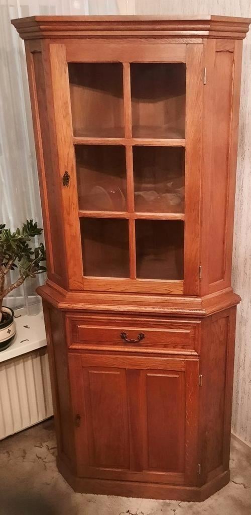 Mooie eikenhouten vitrine hoekkast, Eikenhout, Zo goed als nieuw, 150 tot 200 cm, 25 tot 50 cm