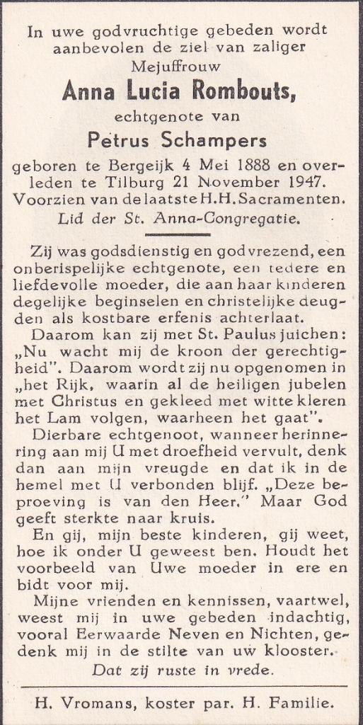 Rombouts Anna 1888 Bergeijk 1947 Tilburg, Ophalen of Verzenden, Bidprentje