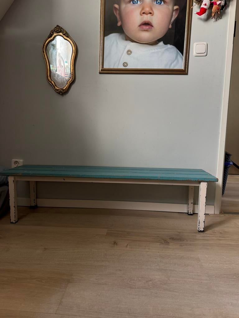Robuuste bank met stalen poten - Vintage look, Ophalen, Gebruikt, Minder dan 75 cm, 150 tot 200 cm
