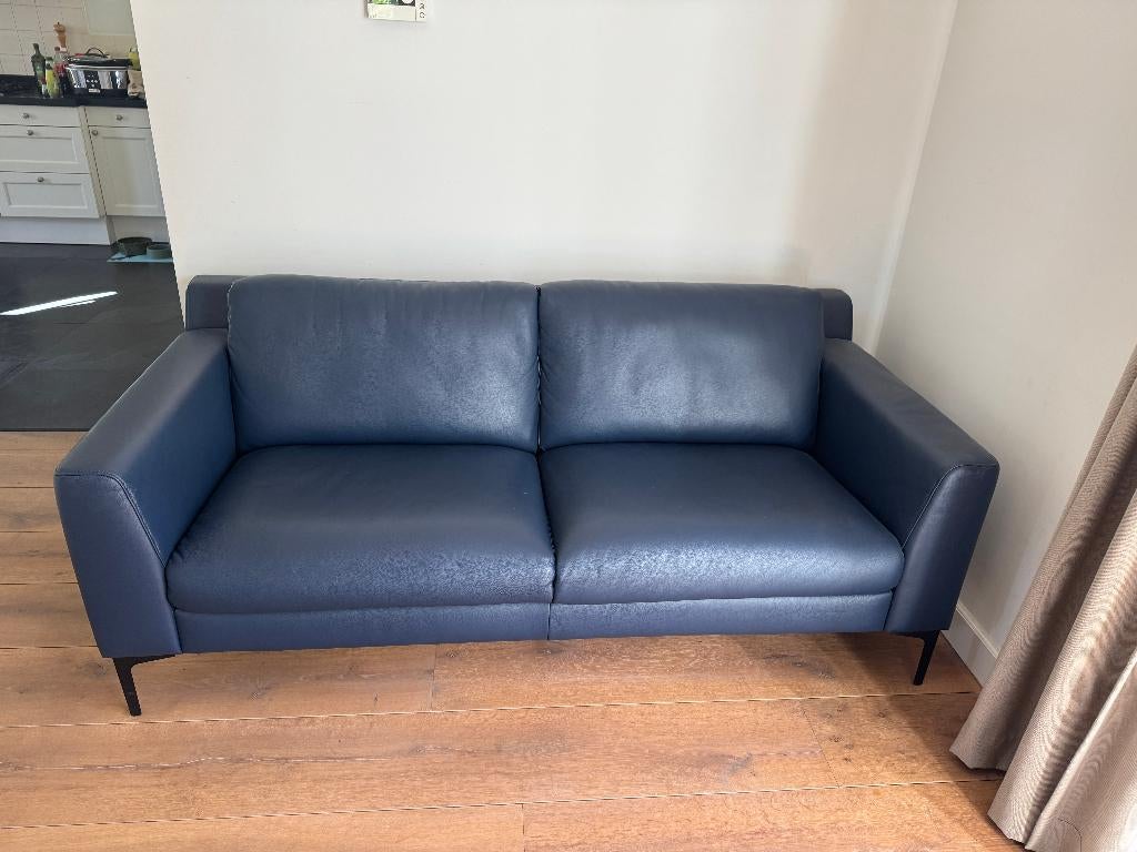 3 zits donkerblauw leren zitbank (2x), Huis en Inrichting, Banken | Bankstellen, Ophalen, Strak modern, Gebruikt, 150 tot 200 cm
