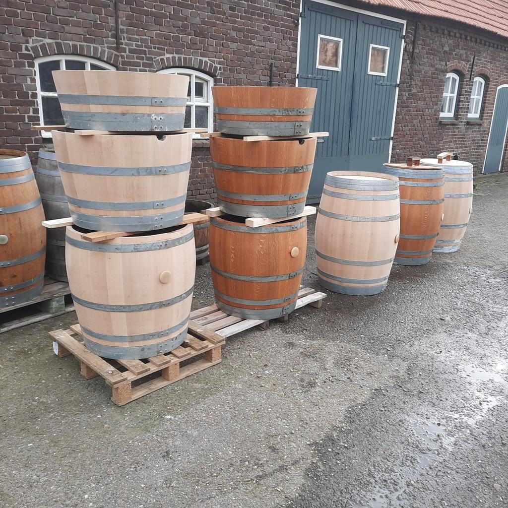 Wijnvat of regenton en bloembakken, Tuin en Terras, 150 liter of meer, Ophalen, Hout