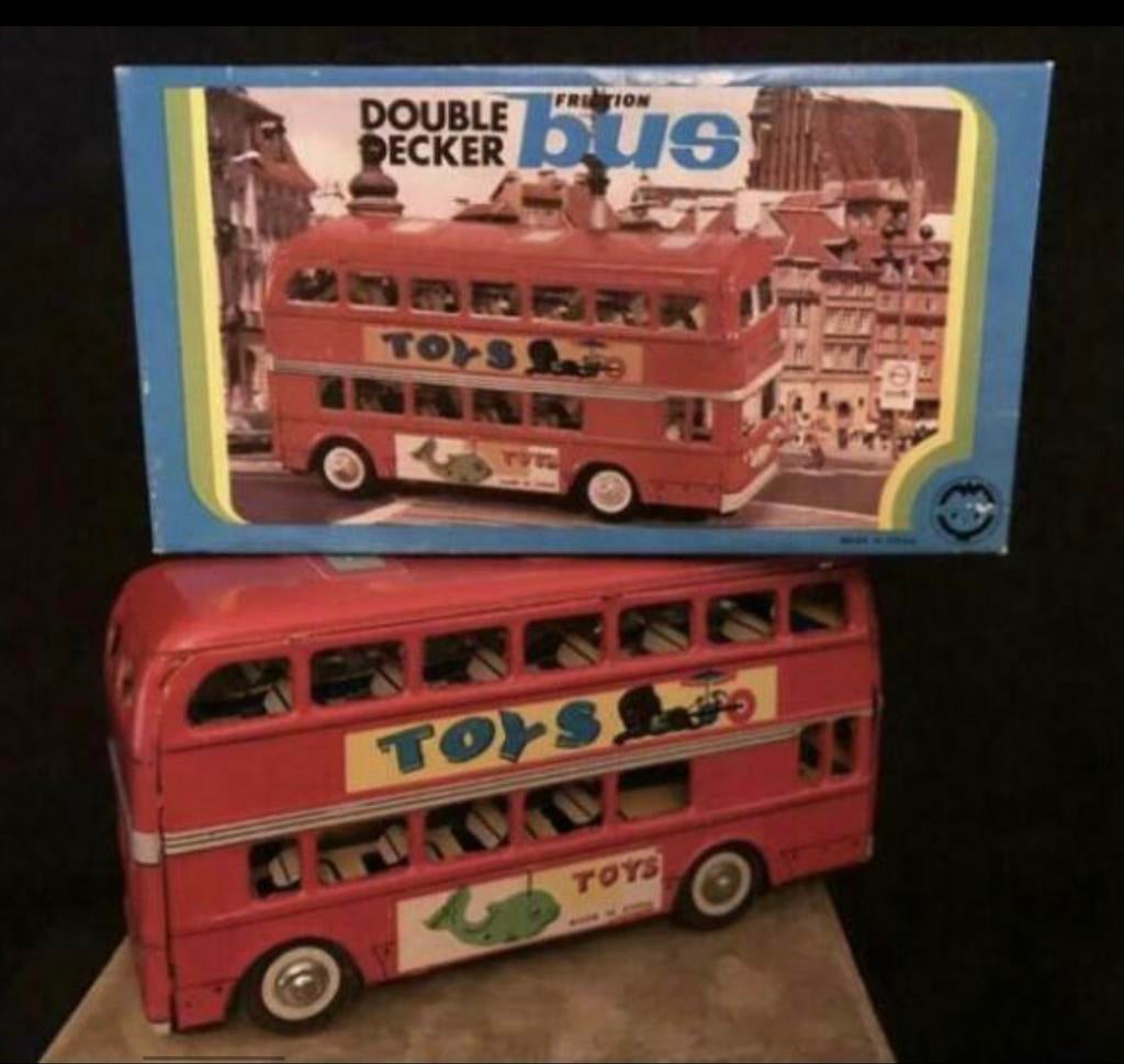 Antieke blikken dubbeldekker bus met frictie in doos, Ophalen of Verzenden