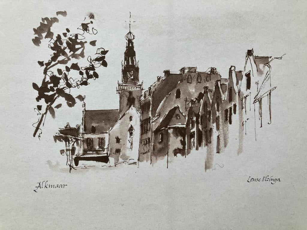 Lense Elsinga tekening van Alkmaar offset print izgs, Ophalen of Verzenden, Stadsgezicht, Overige technieken