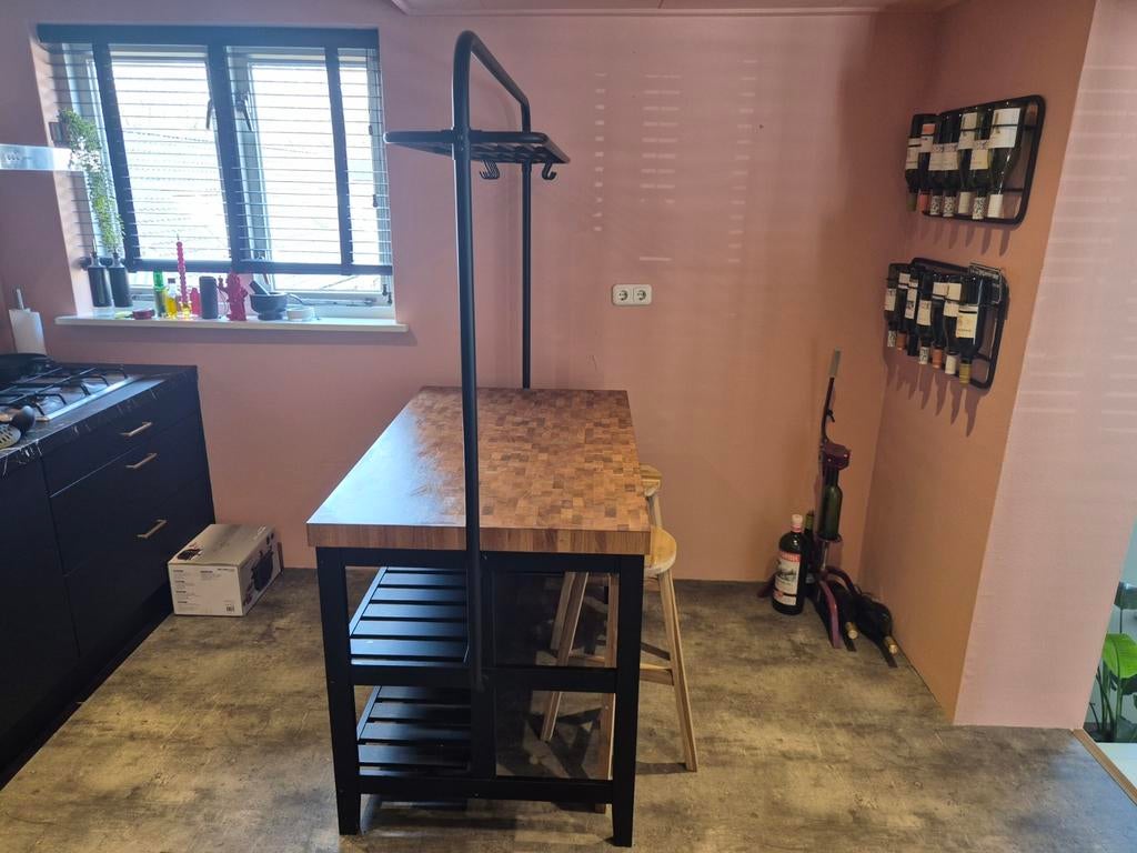 IKEA VADHOLMA keukenblok met massief houten blad en rek, Ophalen, Gebruikt, 100 tot 150 cm, 100 tot 150 cm
