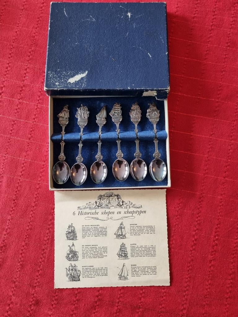 Set van 6 historische schepen lepeltjes in doos, Antiek en Kunst, Antiek | Bestek, Ophalen of Verzenden