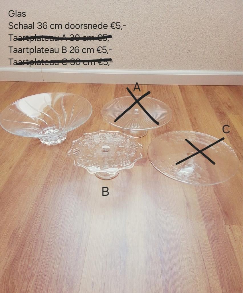 Glazen taartplateau en glazen schaal enz, Ophalen, Gebruikt