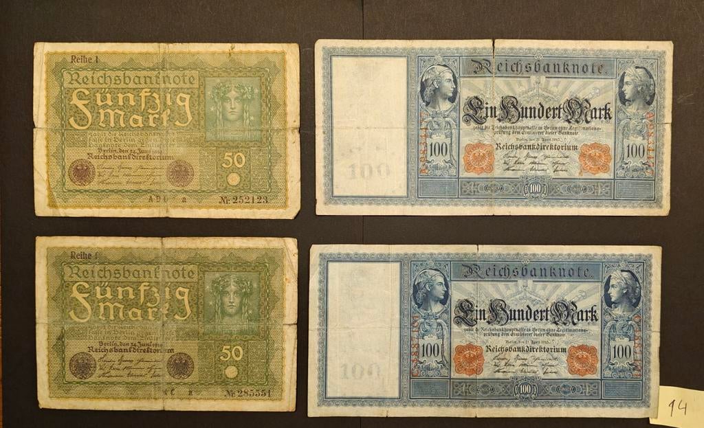 Reichsbanknoten 2x50  mark (1919) & 2x 100 Mark (1910), Postzegels en Munten, Ophalen of Verzenden, Duitsland, Setje