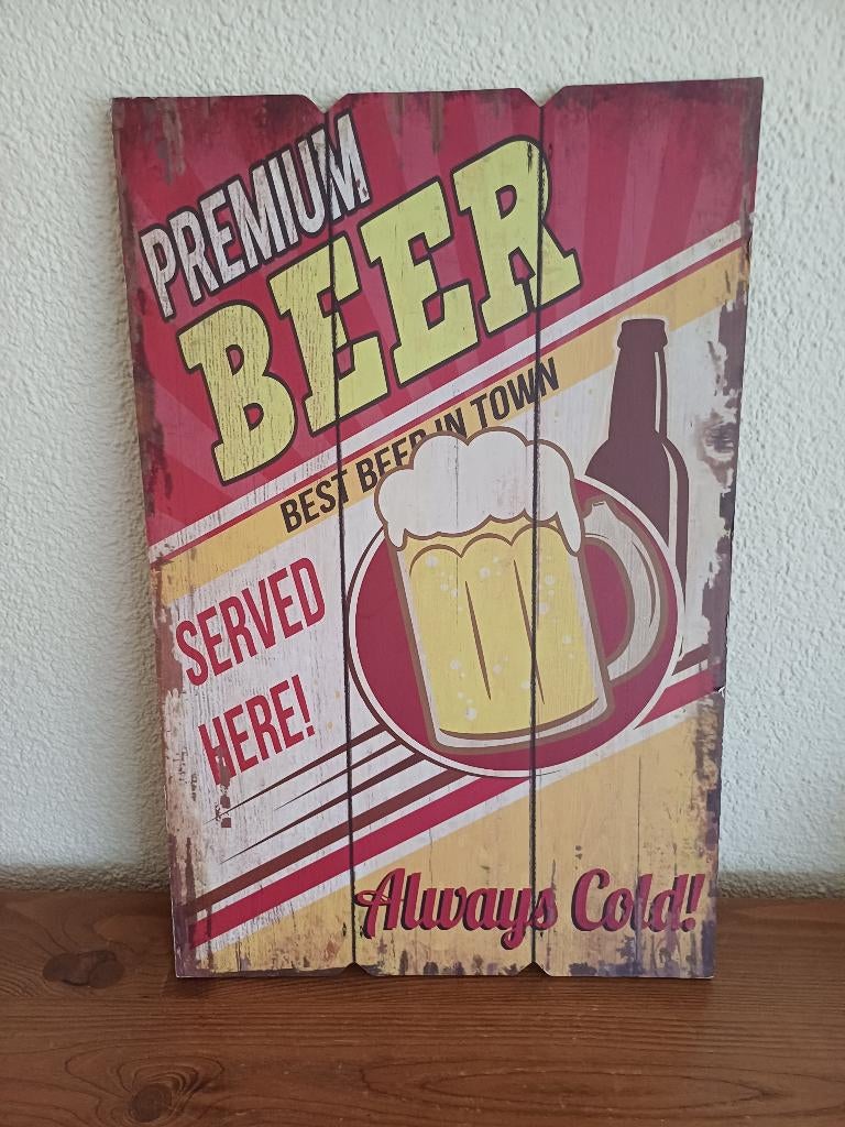 Wandbord Premium bier., Rood, Hout, Vintage, Ophalen of Verzenden