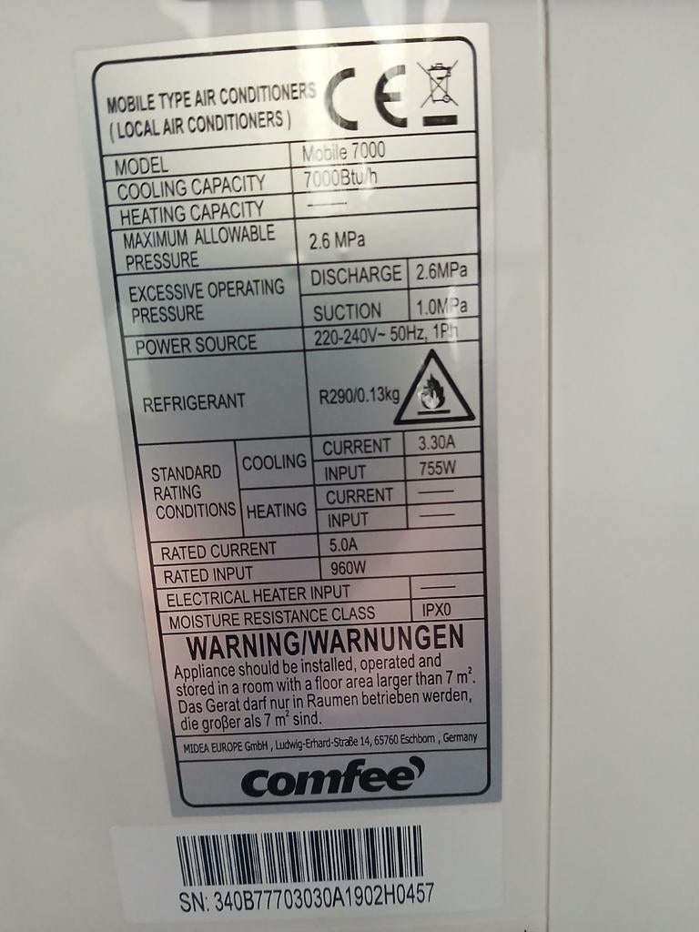 Mobiele airco Comfee Mobile 7000, Witgoed en Apparatuur, Airco's, Ophalen, Minder dan 60 m³, Zo goed als nieuw, Afstandsbediening