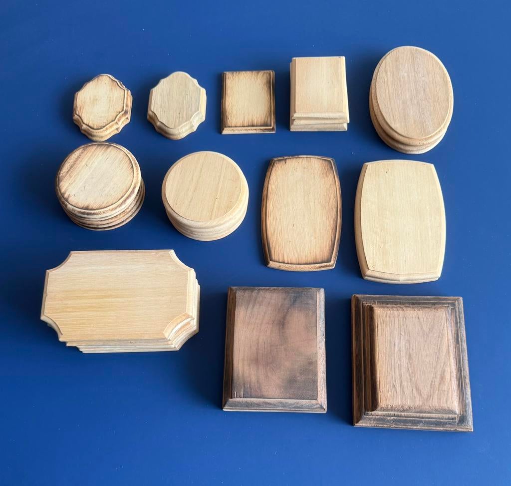 8 VERSCHILLENDE VORMEN HOUTEN PLAQUETTE, Ophalen, Minder dan 25 mm, Zo goed als nieuw, Plank